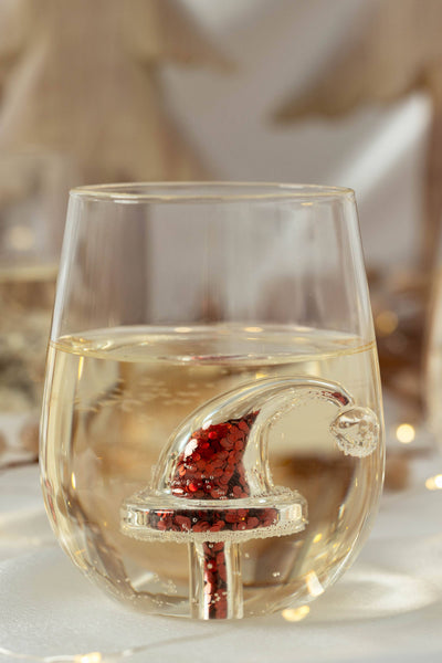 Santa Hat Glitter Christmas Stemless Wine Glass