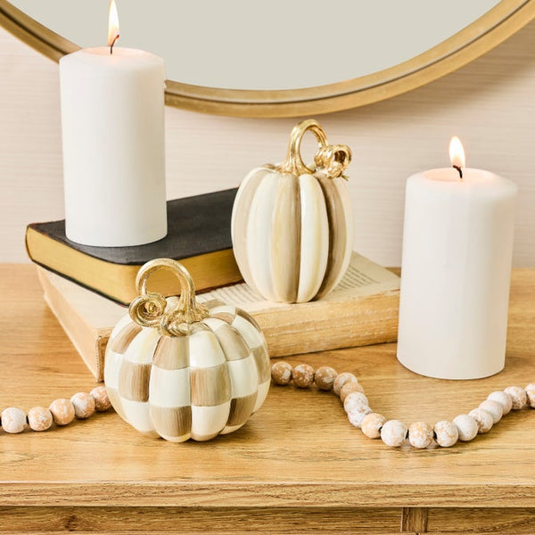 Mocha Check & Stripe Petite Pumpkins -Set of 2