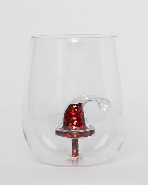 Santa Hat Glitter Christmas Stemless Wine Glass