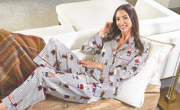 Full-Length PJ Set with Velvet Tie - Navy Stripes + Bears