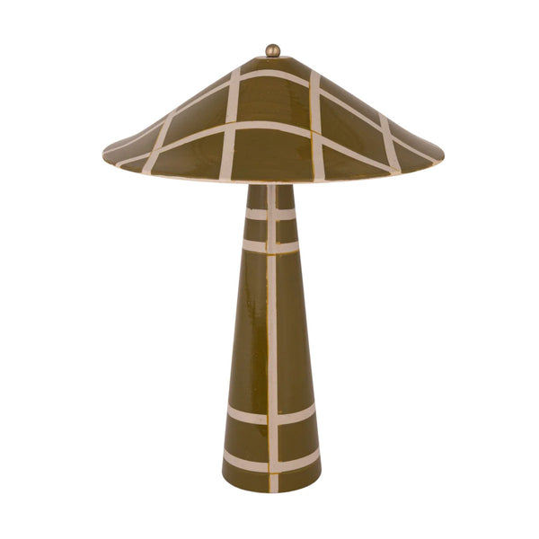 Hand-Painted Stoneware Table Lamp & Shade - Olive Green Plaid Pattern