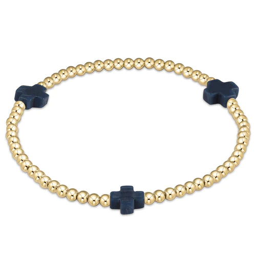 Signature Cross Gold Pattern 3mm Bead Bracelet -Extended Size - Navy
