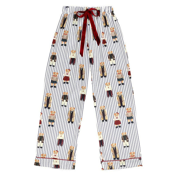 Full-Length PJ Set with Velvet Tie - Navy Stripes + Bears