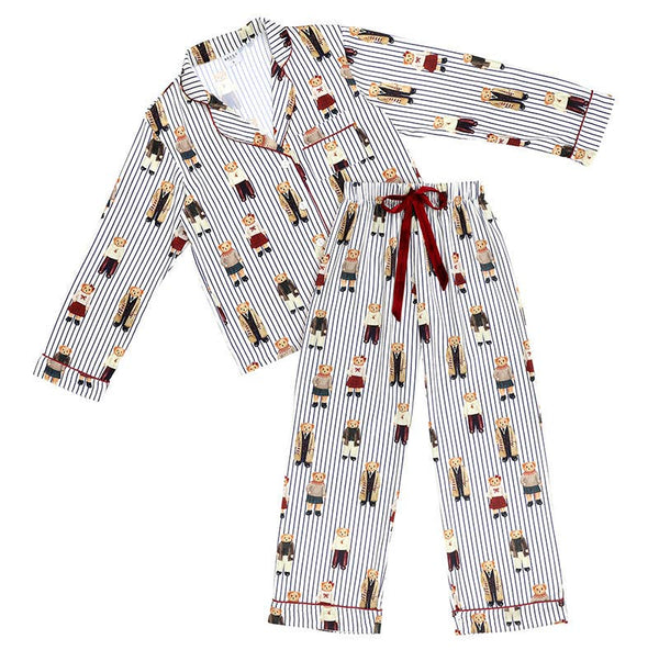 Full-Length PJ Set with Velvet Tie - Navy Stripes + Bears