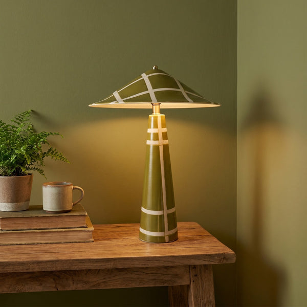 Hand-Painted Stoneware Table Lamp & Shade - Olive Green Plaid Pattern
