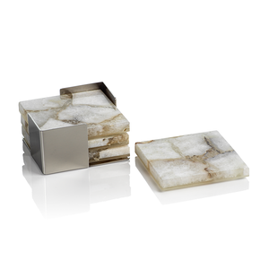 Agate Coasters on Metal Tray - Taupe/White - Set of 4
