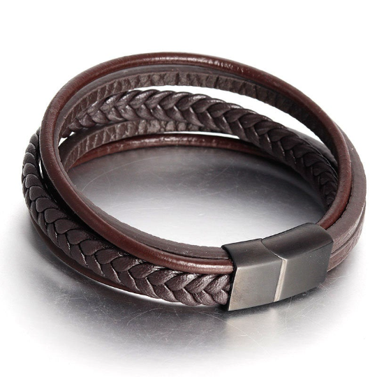 Braided Bracelet In Brown With Brushed Black Steel Clasp